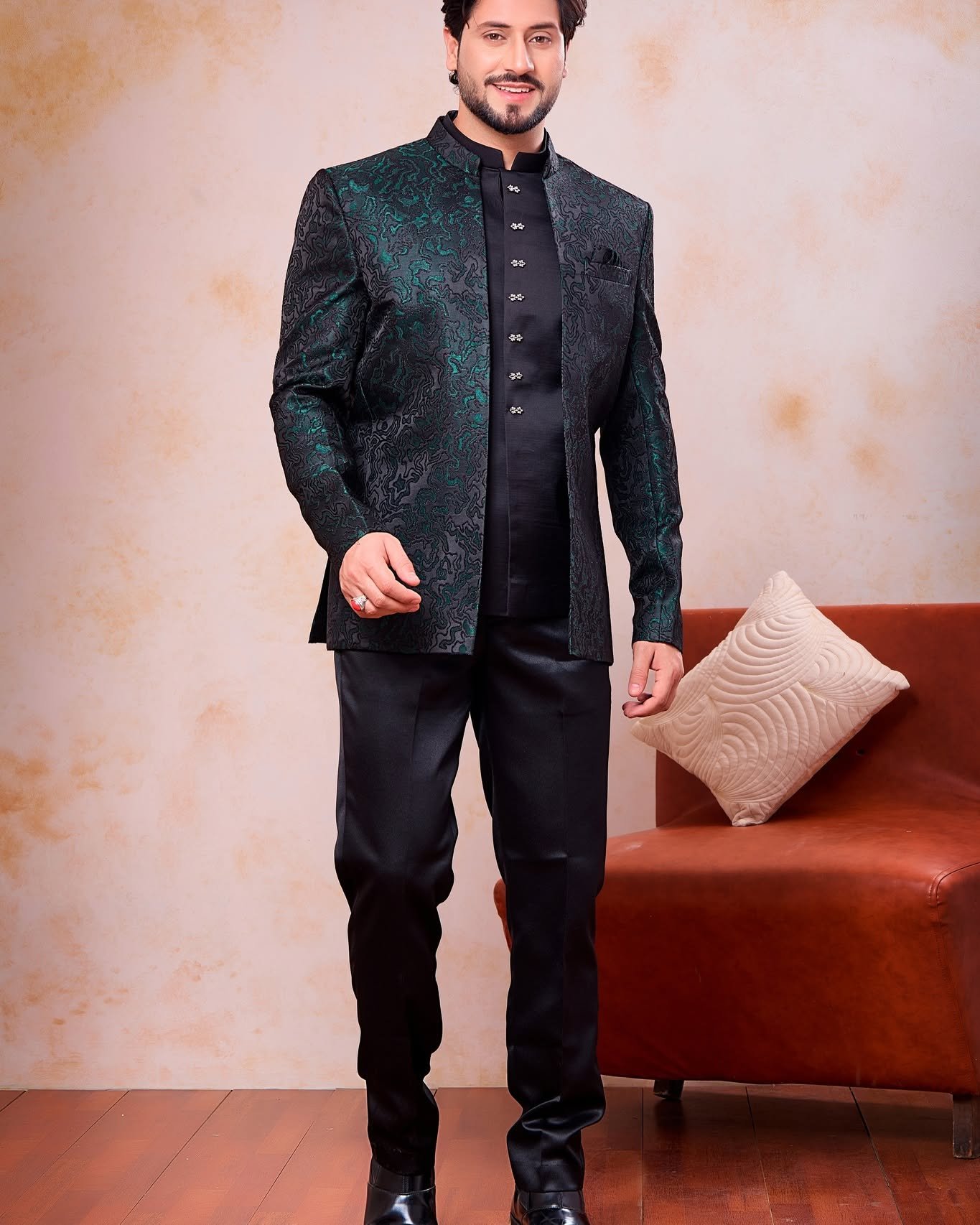Make a bold statement with this Designer Green & Black 3-Piece Jodhpuri Jacket for Men Crafted in premium Imported Jacquard Fabric, this stylish ethnic outfit features a rich patterned finish and a sophisticated designer lookperfect for weddings, receptions, engagements and party occasions.